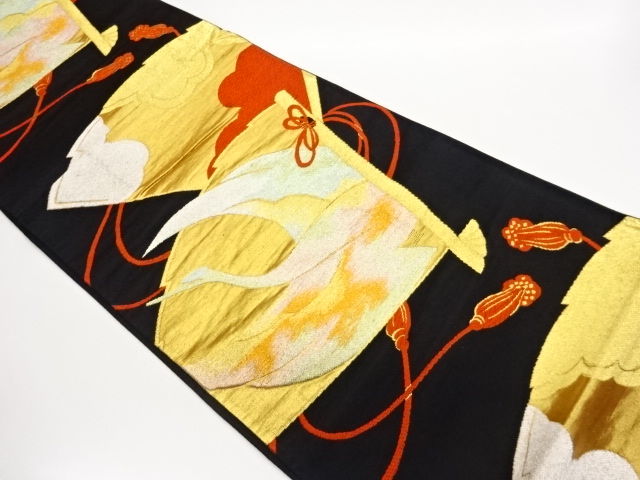 JAPANESE KIMONO / FUKURO OBI / WOVEN FOLDING FAN & CRANE